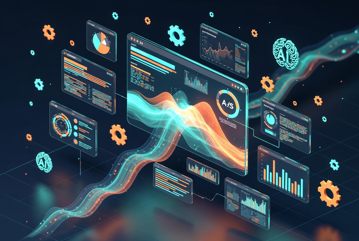 Isometric illustration of AI-powered operations hub with connected analytics dashboards and automation