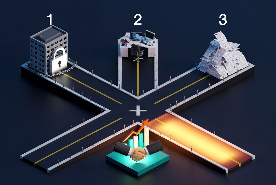 Isometric illustration showing three frustrating Amazon paths converging on a better partnership solution