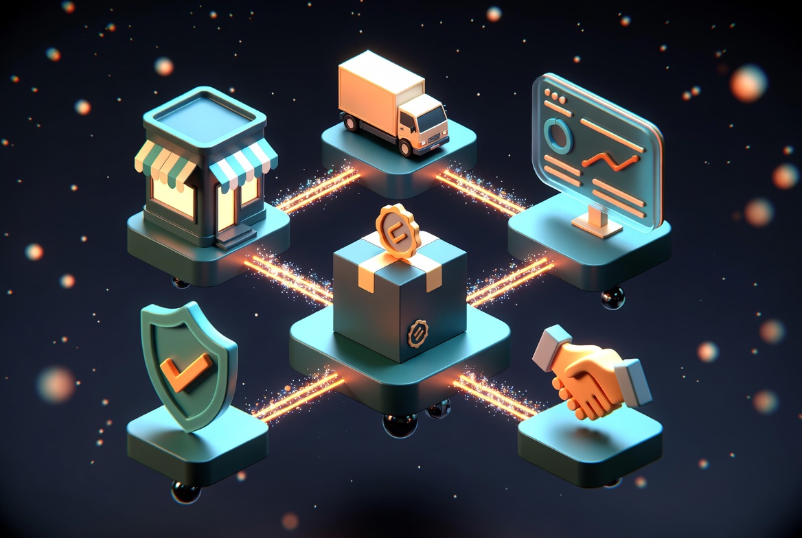 Isometric illustration of connected brand ecosystem with storefront, analytics, shipping, and protection