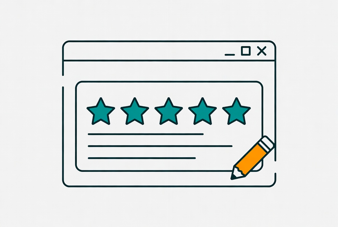 Illustration of product listing with star ratings and pencil